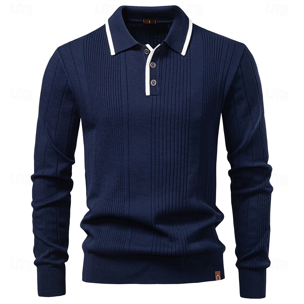 Herre Pullover genser Strikke Vanlige topper Fargeblokk Knapper Helfarge Polokrage Årgang Daglig Skole Hjem Klær Vår Høst Blå Brun S M L 2025 - $32.99 –P19