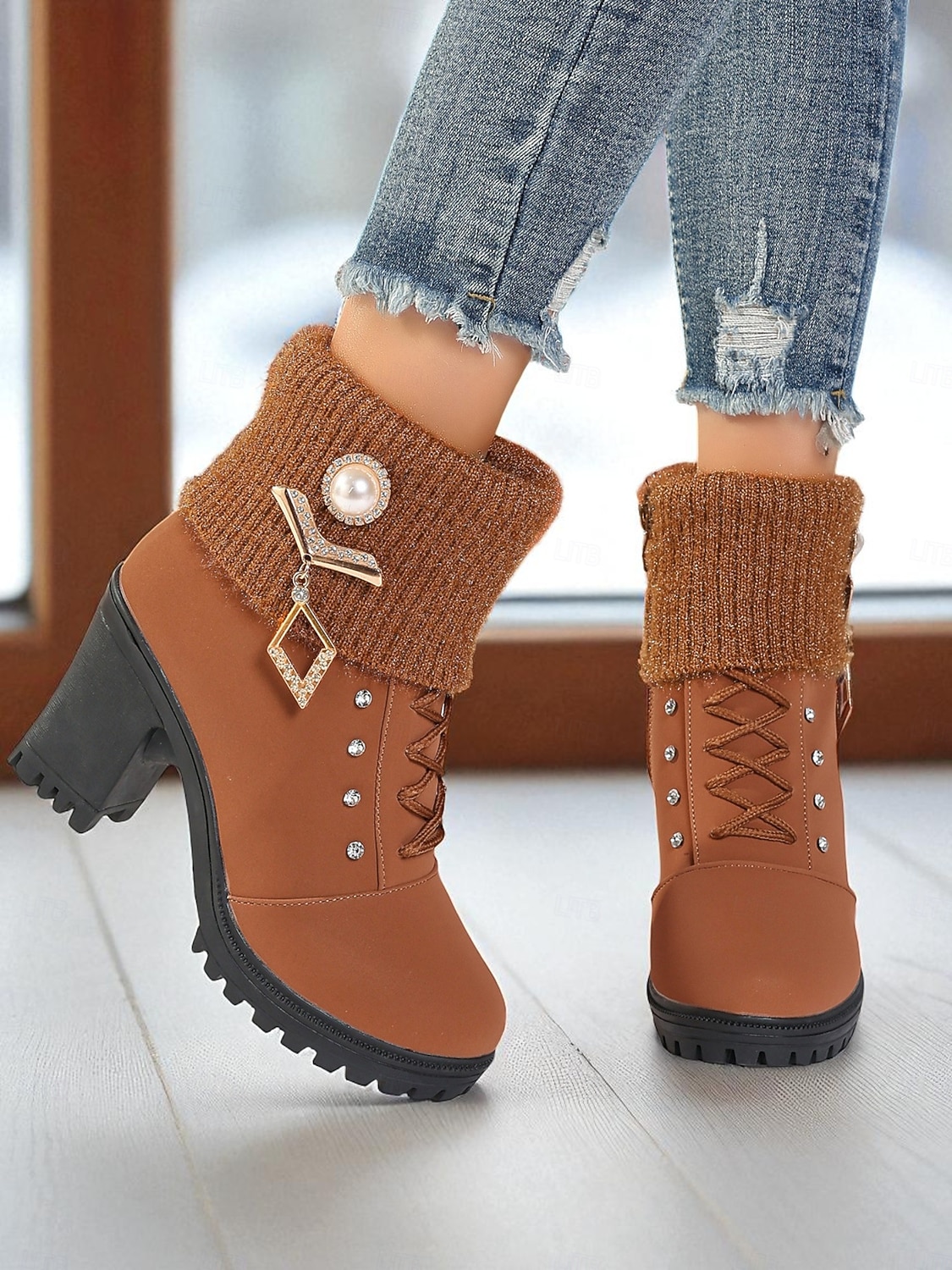 Botas femininas de cano curto em malha preta com cadarço e strass e salto grosso - botas elegantes de inverno com salto para roupas de Natal e moda para o frio de 2025 por $29.99 –P3