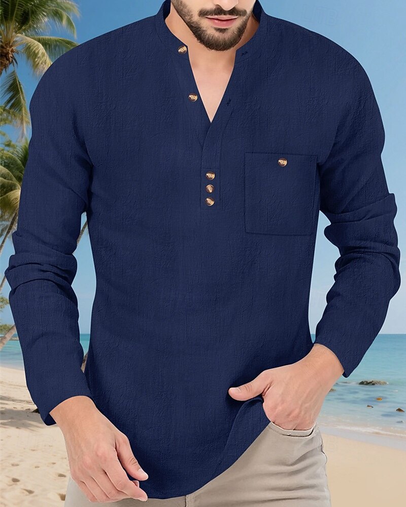 Per uomo Camicia Camicia popover Camicia Estiva Camicia casual Camicia da Spiaggia Nero Bianco Giallo Blu marino Azzurro cielo Manica Lunga Semplice Colletto alla coreana Vacanza Camicia hawaiana del 2025 a $23.99 –P10