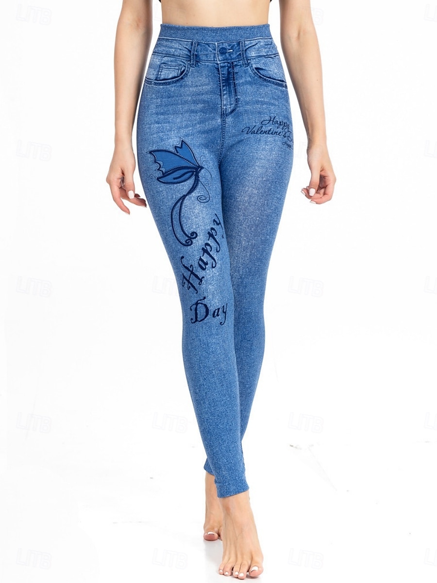 Dames Leggings Verontruste spijkerbroek Vakantie Vintage Casual Volledige lengte Hoge taille Bloemig Vlinder Elastische tailleband Opdrukken Zacht Comfortabel Rekbaar Buiten Straat blauw Luchtblauw 2026 - $24.99 –P4