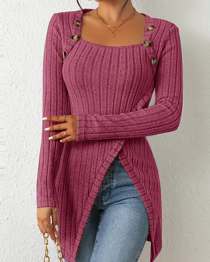 Women's T Shirt Tee Top Buttons Asymmetrical Solid Color Elegant Fashion Long Sleeve Square Neck Regular Tops Daily Weekend Black Brown Rose Pink Gray Spring Fall 2026 - $22.99 –P7