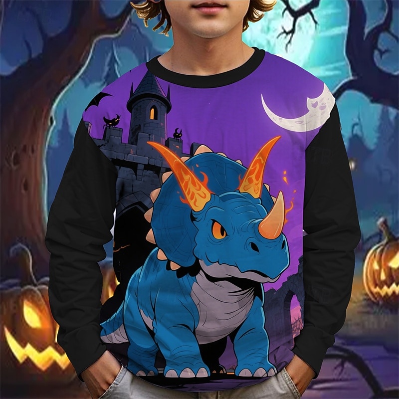 Halloween Pojkar 3D Tecknat Dinosaurie T-shirt Långärmad Vår Höst Mode Grundläggande Barn 4-12 år Rund hals Utomhus Ledigt Dagligen Normal 2025 - $13.99 –P1