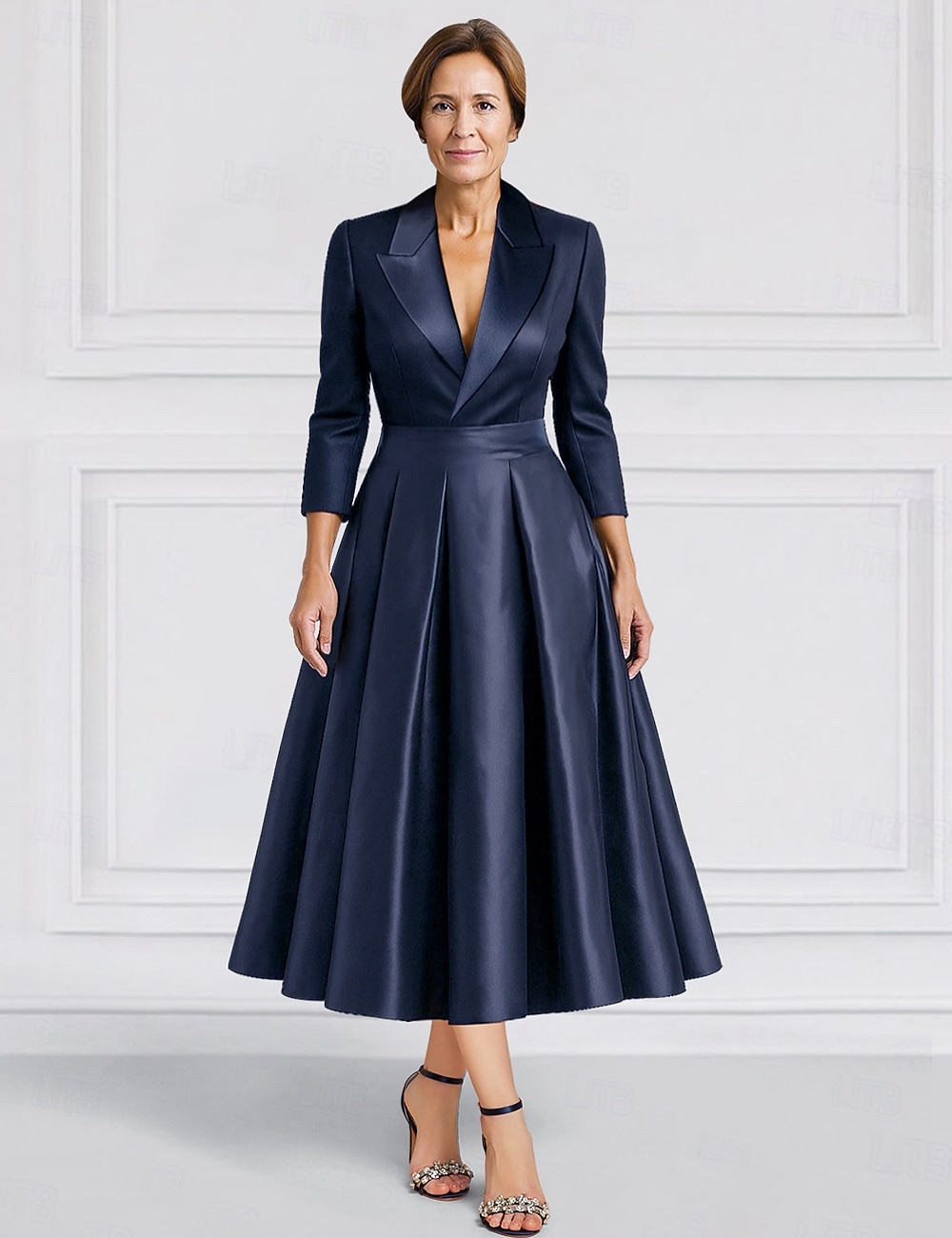 Women's Tuxedo Dress A-Line Formal Wedding Guest Satin Silk Elegant Vintage Long Sleeve Tea Length Peak Lapel 2026 - $159.99 –P1