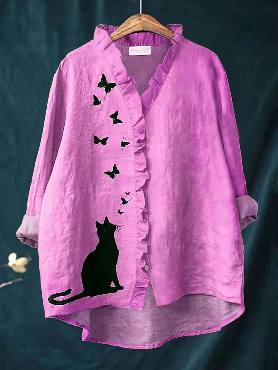 Dame Bluse Grafisk Katt Sommerfugl Elegant Bohem Aktiv Langermet V-hals Lange topper Daglig Ferie Ut på byen Drapering Gul Rosa Blå Lilla Grønn Vår Høst 2025 - $24.99 –P1