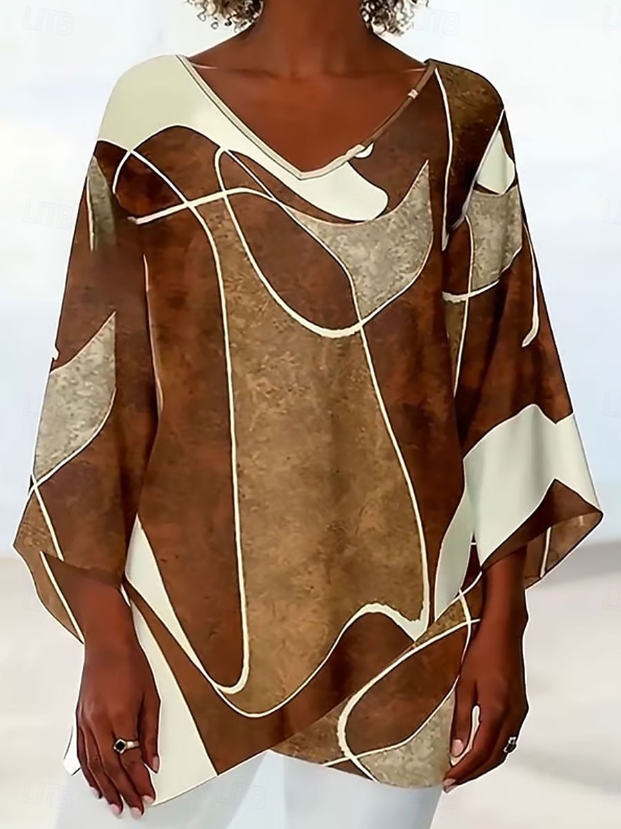 Жен. Блуза Графика Геометрический принт Абстракция Гавайский Стиль На каждый день Длинный рукав V-образный вырез Обычные топы Повседневные Праздники На выход С принтом Хаки Лето Весна Осень 2025 - $25.99 –P3