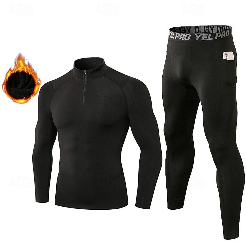 2025年 男性用 ワークアウトスーツ ベースレイヤー上部と下部 2ピーススポーツセット フリース裏地付き ソリッド スーツウェア 秋冬 ブラック ホワイト スパンデックス ジム バスケットボール アスレチック ハイウエスト 速乾性 ウォーム 高通気性 長袖 スポーツ アクティブウェア マイクロエラスティック タイトフィット  コレクション – $41.99 –P5