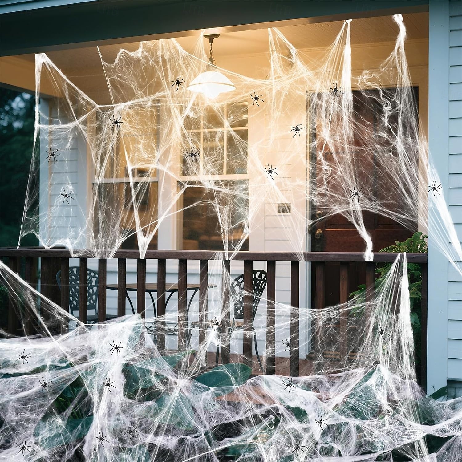 175 kvadratmeter stort halloween-edderkoppnett, bonus med 100 kunstige edderkopper, edderkoppnett i stoff, spindelvev-halloween-dekor for innendørs og utendørs festutstyr 2025 - $19.99 –P5