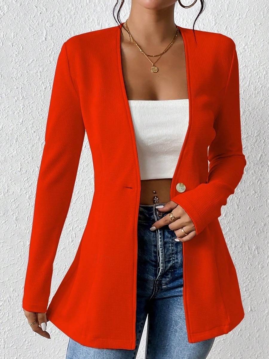 Dame Blazer Bekvem Pustende Knapper OL-stil Fritid عادي Kontor Gate Avslappet Dagligdagstøy Enkeltkneppet Normal V-hals Normal Langermet Yttertøy Svart Hvit Rød Vår Høst 2025 - $34.99 –P7
