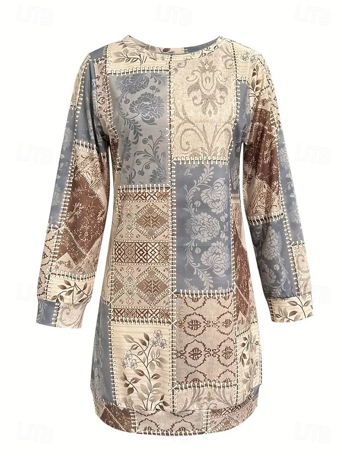 Damen Minikleid Shiftkleid Urlaub Lässig Geburtstag Täglich Date Normale Passform Blumen Grafik Gestreift Langarm Rundhalsausschnitt Leicht Braun Herbst Winter 2025 - $27.99 –P2