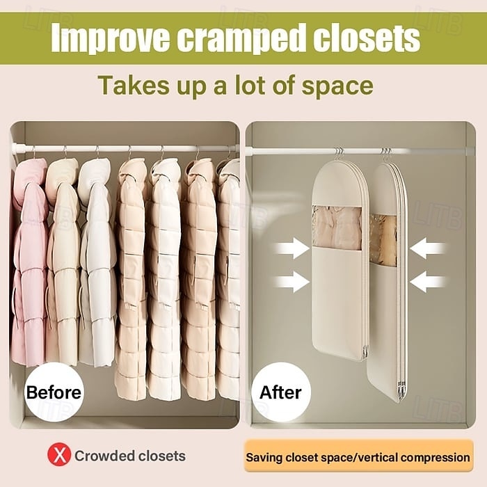 Ensemble de 3 sacs à vêtements suspendus peu encombrants avec fermeture éclair à compression automatique, housse anti-poussière pour manteaux, doudounes, organisateur de vêtements de placard avec de 2025 ? $29.99 –P1