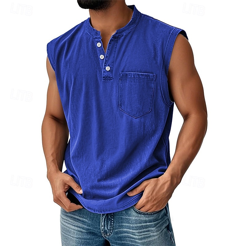 Herren Tank Top Weste Top Unterhemd Ärmellos Shirt Baumwolle Ärmellos Henley Sommer Einfarbig Mode Designer Basic Tasche Knöpfe Urlaub Street Ausgehen Schwarz Hellgrün Rosa Top Tee für Männer 2025 - $22.99 –P14