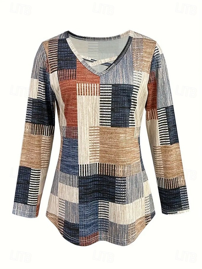 Femmes T-shirt Graphique Géométrie ancien Élégant Classique manche longue Col en V Hauts Réguliers Quotidien Découpé Imprimé Kaki Printemps Automne de 2025 ? $22.99 –P2