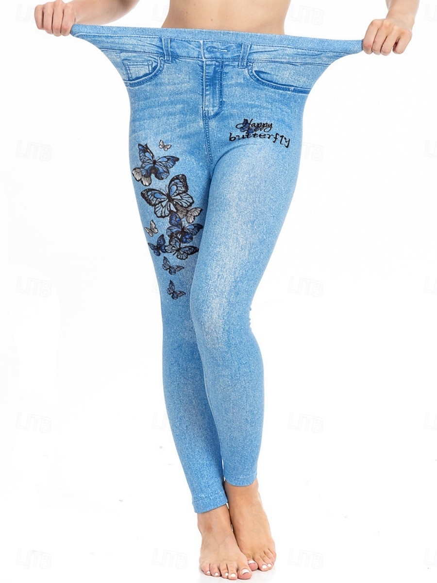 Dames Leggings Verontruste spijkerbroek Vakantie Vintage Casual Volledige lengte Hoge taille Bloemig Vlinder Elastische tailleband Opdrukken Zacht Comfortabel Rekbaar Buiten Straat blauw Luchtblauw 2026 - $24.99 –P18