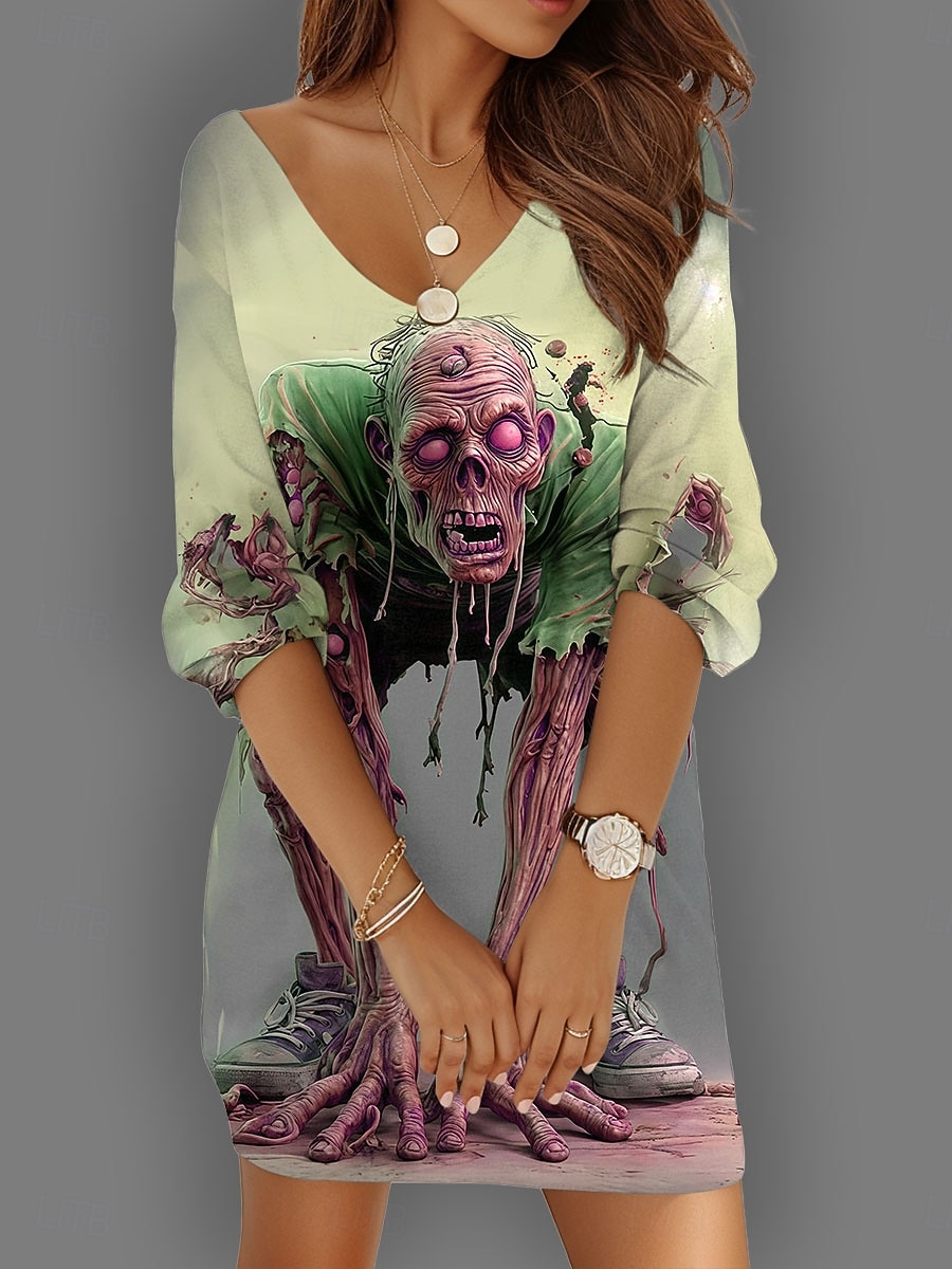 Halloween Női Koponya Nyomtatás Mini Ruha Shift Ruha Vakáció Kényelmes Napi Ünnep Koktél Party Laza Fit Grafika Koponya Hosszú Ujjú V Nyak Sárga Kék Lila Zöld Nyár Tavasz Ősz Ősz 2025 - $28.99 –P2