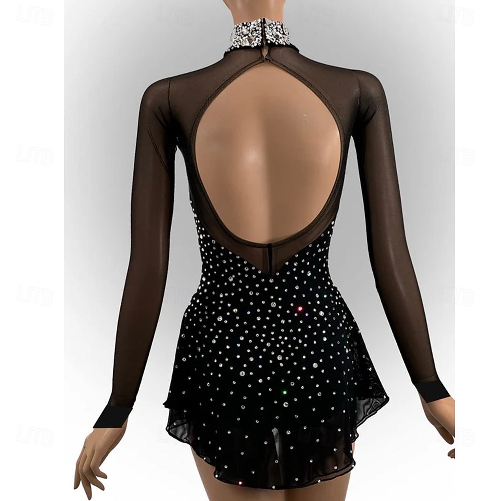 abito da pattinaggio artistico, abito da pattinaggio sul ghiaccio da donna e da ragazza, nero, schiena scoperta, orlo asimmetrico, maglia ad alta elasticità, abbigliamento da pattinaggio per del 2026 a $298.59 –P2