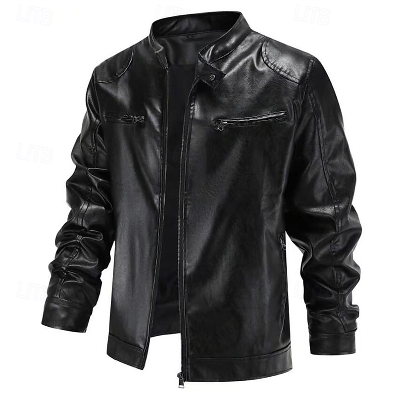 Herr Imitationsläderjacka Bikerjacka Motorcykeljacka Semester Dagligen Vindtät Håller värmen Ficka Höst Vinter Slät Mode Klassisk Hög krage Normal Svart Brun Jacka 2025 - $39.99 –P1