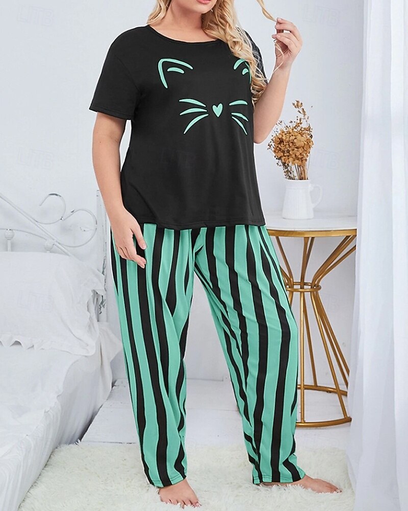 Per donna Attivo Blusa Set di Pantaloni Manica Corta Girocollo Gatto A righe Stampato Vacanza Casual Quotidiano Nero Giallo Rosa Autunno Vestibilità regolare del 2025 a $18.99 –P5