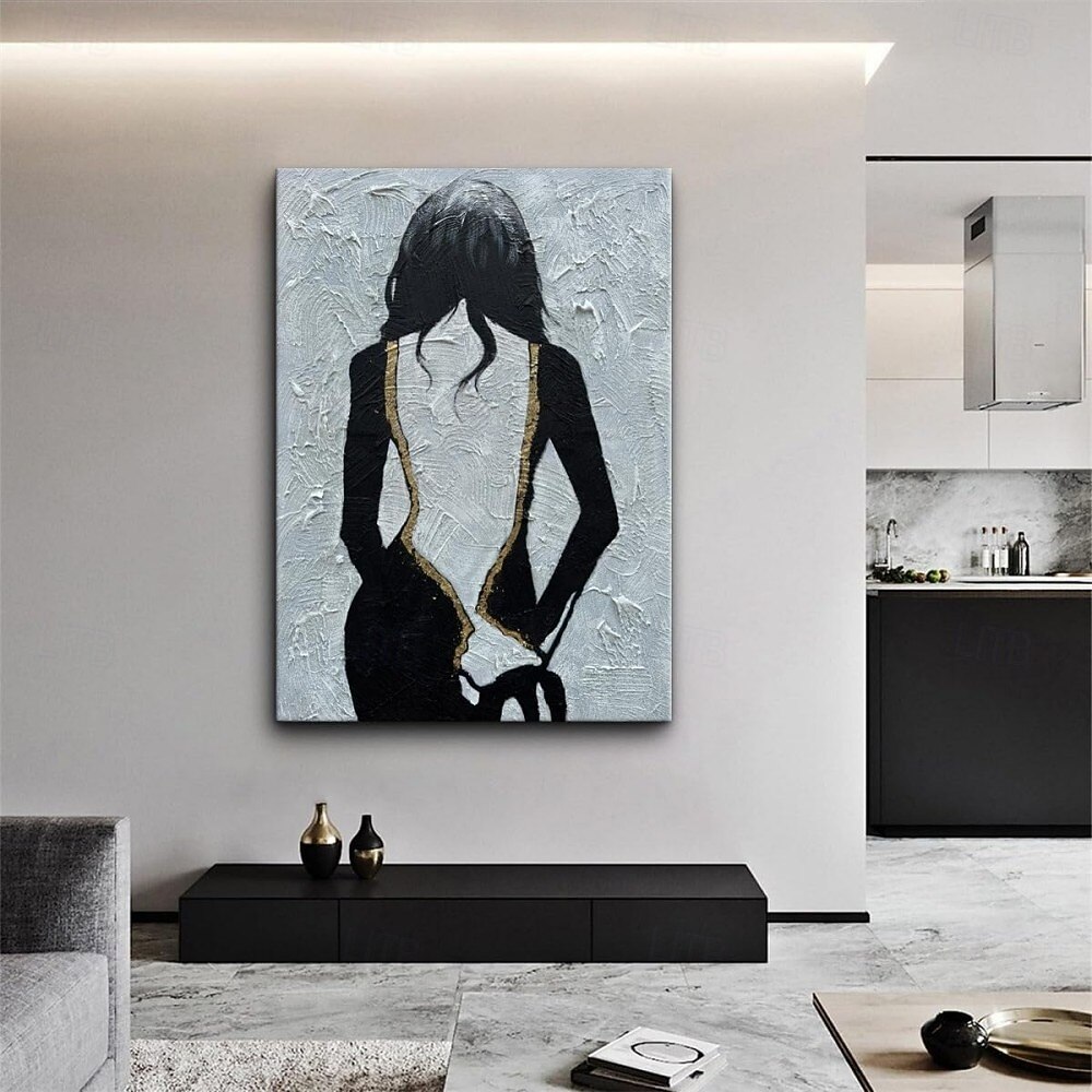 handgemachtes hellblaues Mädchen zurück dicke Leinwand Kunstwerk schwarz und weiß Frauen Gesicht Textur abstrakte Ölgemälde einfache Linien Dekoration Kunst für Wohnkultur 2025 - $41.99 –P3