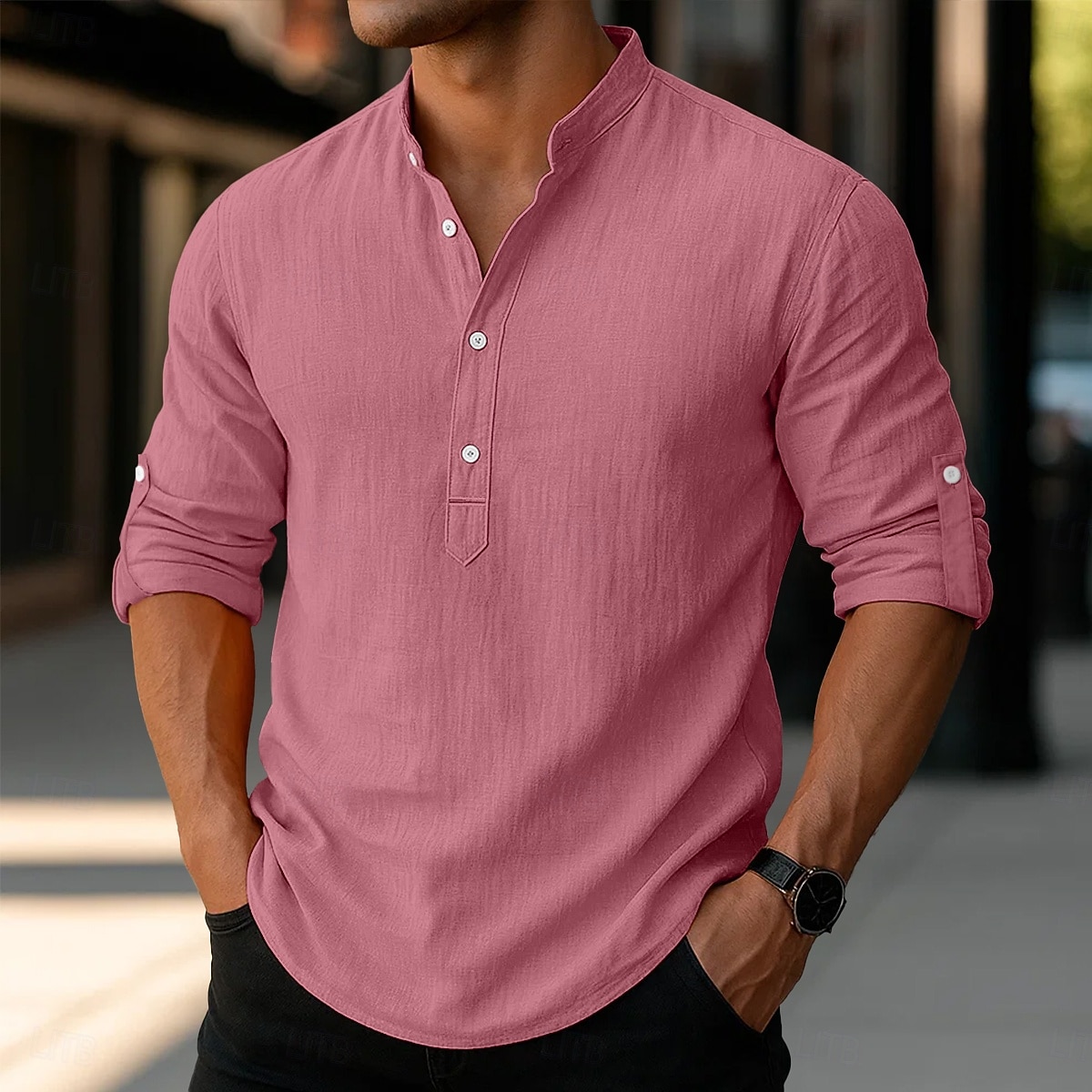 Per uomo Camicia di lino Camicia con colletto alla coreana Camicia popover Camicia casual Camicia da Spiaggia Semplice Vacanza Camicia hawaiana Nero Bianco Rosa Arancione Manica Lunga Henley del 2025 a $23.99 –P8