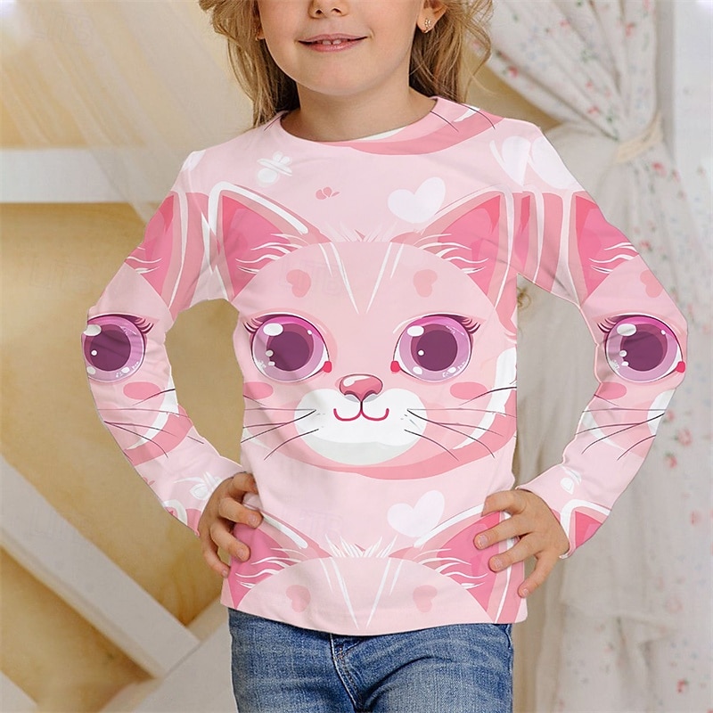 Flickor 3D Djur Katt T-shirt Långärmad Vår Höst Mode Grundläggande Barn 4-12 år Rund hals Utomhus Ledigt Dagligen Normal 2025 - $13.99 –P5