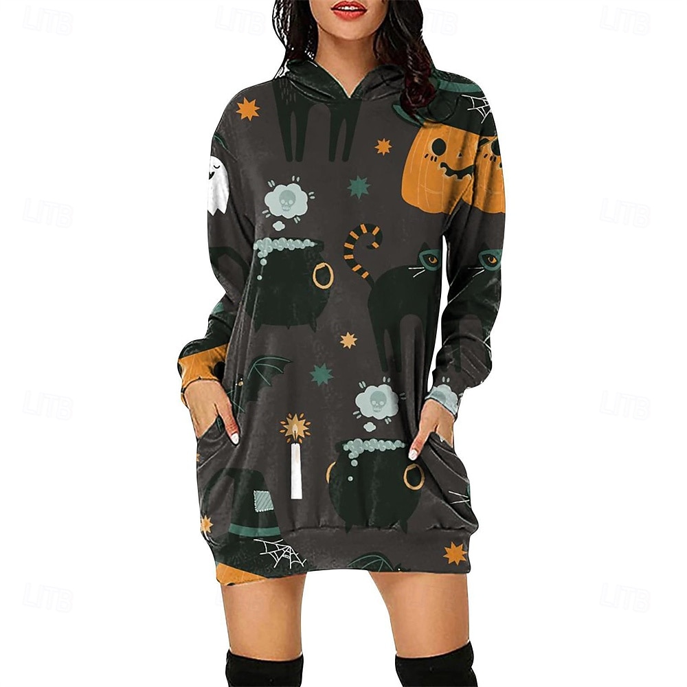 Femmes Mini Robe Robe à Capuche Robe Décontractée Mode Moderne Halloween Quotidien Week-end Coupe régulière Potiron manche longue À capuche Jaune Bleu Violet Vert Printemps Automne de 2025 ? $21.99 –P2