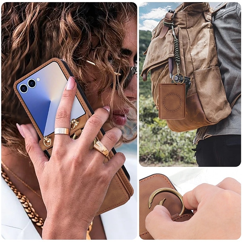 Phone Case For Samsung Galaxy Z Flip 7 Z Flip 6 Z Flip 5 Z Flip 4 Back Cover with Lanyard Support Wireless Charging Kickstand Retro TPU PU Leather 2025 - $14.99 –P7