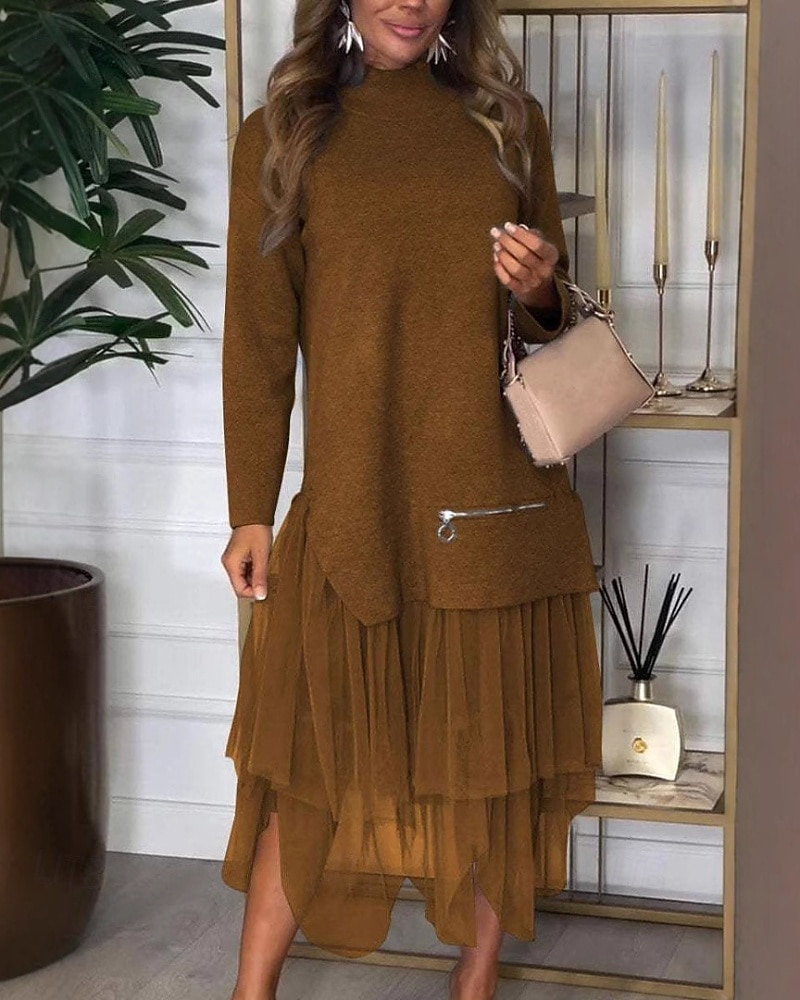 Dam Midiklänning Klänning Set Mode Modern Utomhus Semester Helgdag Normal Slät Långärmad Polokrage Svart Blå Brun Grå Vinter 2025 - $31.99 –P4