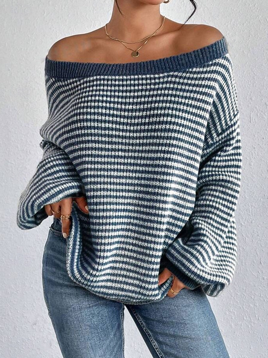 Damen Pullover Lässig Weich Gestreift Gerippt U-Boot-Ausschnitt Gestrickt Langarm Normale Oberteile Stricken Outdoor Täglich Wochenende Schwarz Rote Herbst Winter 2025 - $28.99 –P2