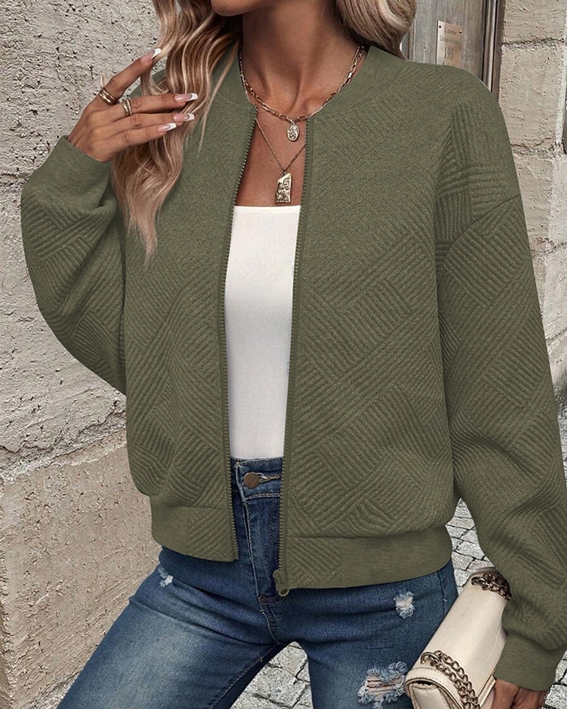 Damen Freizeitjacke Strukturierte Jacken Bequem Reißverschluss Mode Modern Lässig Einfach Ausgehen Wochenende Reisverschluss Regulär Stehkragen Normale Passform Langarm Oberbekleidung Schwarz Wei 2025 - $26.99 –P19