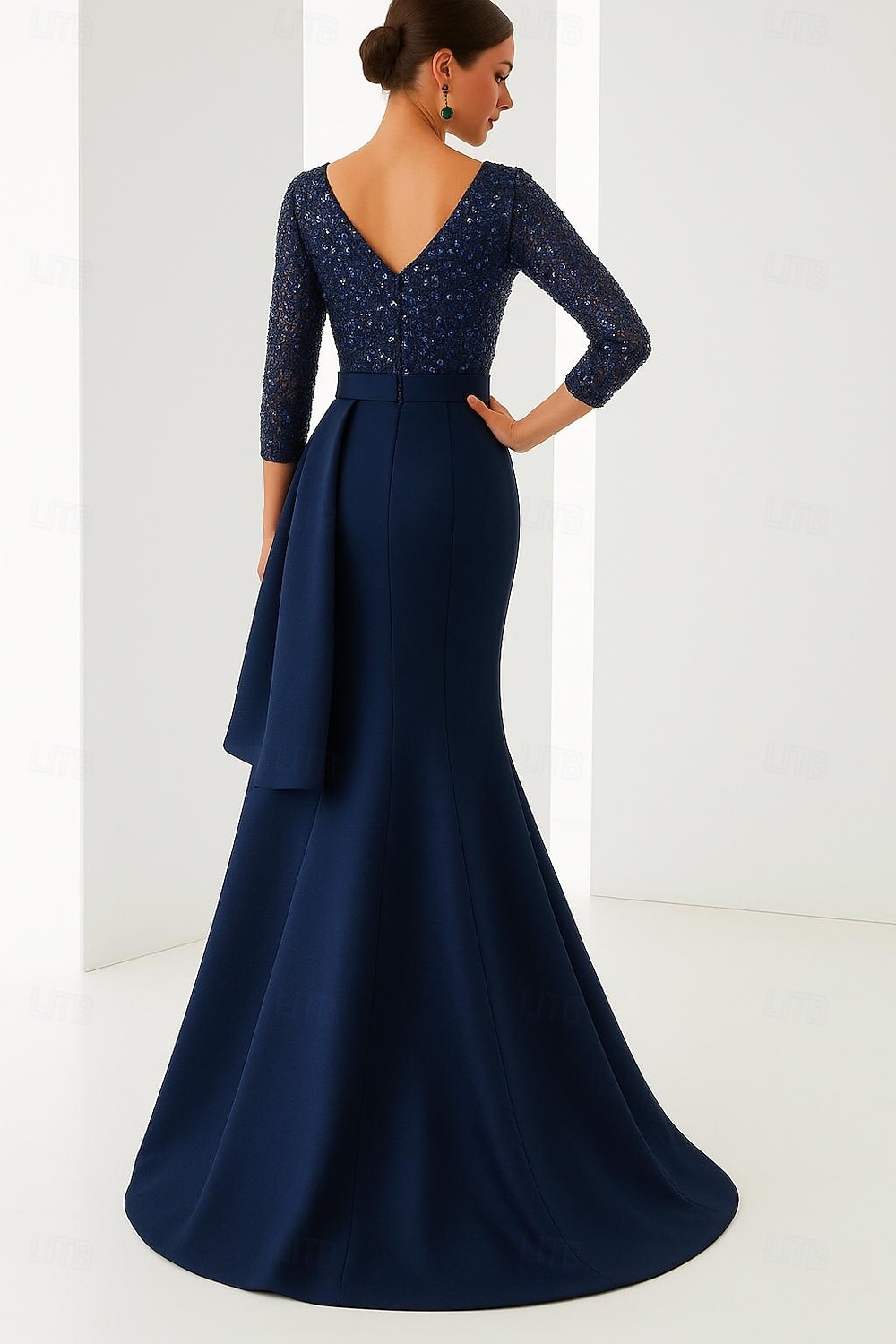 blau-schwarzes Meerjungfrau-Abendkleid, elegantes Kleid, formelle Hochzeit, bodenlang, lange Ärmel, U-Boot-Ausschnitt, Champagner, Satinkleid für die Brautmutter mit Glitzerrüschen 2025 2025 - $137.99 –P2