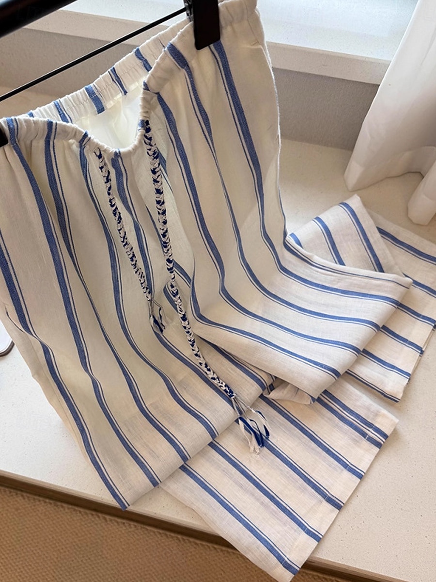 Dame Linbukser i bomull Frekk Ferie Årgang Etnisk stil Full lengde Medium Midje Stripet Snorer Lomme Elastisk midje comfy Pusteevne Myk Uelastisk Feriereise Hjem Gate Blå og hvite striper Sommer Vår 2025 - $40.99 –P5