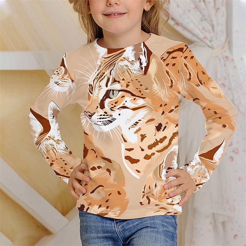 Flickor 3D Djur Katt T-shirt Långärmad Vår Höst Mode Grundläggande Barn 4-12 år Rund hals Utomhus Ledigt Dagligen Normal 2025 - $13.99 –P1