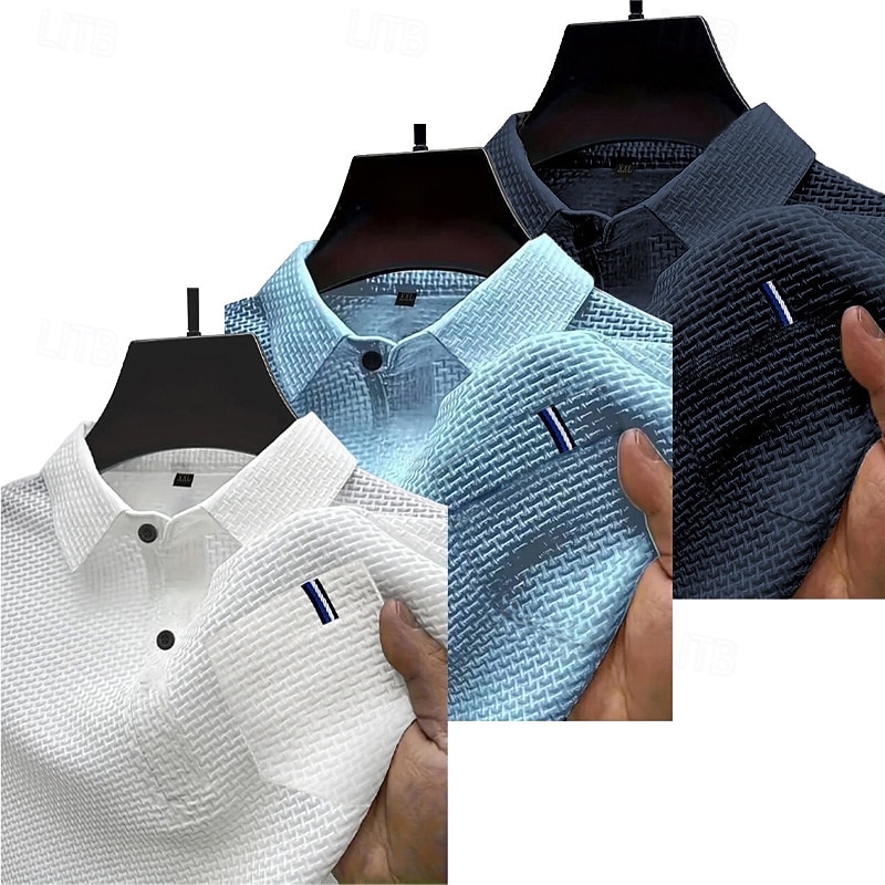 Multi-pakketten 3 stuks Voor heren Revers Korte Mouw Wit+Zwart+Blauw Ice Silk seersucker polo Polo's met knopen Golfshirt Jacquard Effen Vakantie Alledaagse kleding Polyester Zomer 2026 - $48.99 –P4