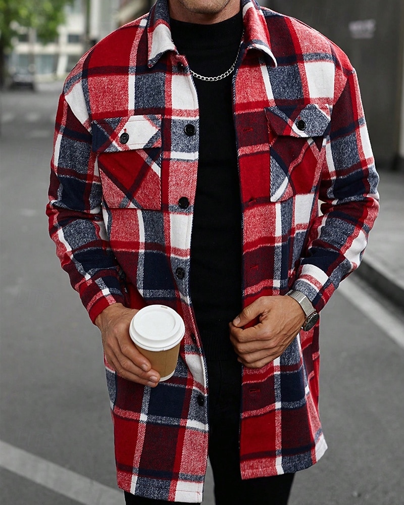 Herren Leichte Jacke Hemdjacke Freizeitjacke Jacke-Shirt Urlaub Täglich Thermowarm Tasche Frühling Herbst Karomuster Mode Klassisch Revers Regulär Schwarz Wein Orange Khaki Armeegrün Jacken 2025 - $42.99 –P6