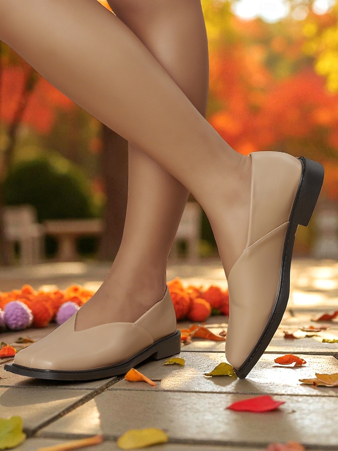 Women's Beige Square Toe Slip-On Loafers - Faux Leather Low Heel Comfort Shoes with V-Cut Vamp, Minimalist Modern Style for Casual Wear, Office Outfits and Autumn Fashion 2026 - $42.99 –P3