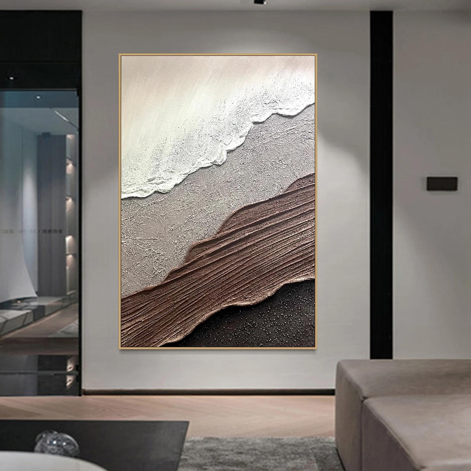 2025年 3Dフレームのテクスチャ付きウォールアート、海の波の絵画、キャンバスに描かれた三連画、ホームデコレーション、ブラウンのミニマリスト絵画、アースカラーの侘び寂びリビングルームアート  コレクション – $82.99 –P7