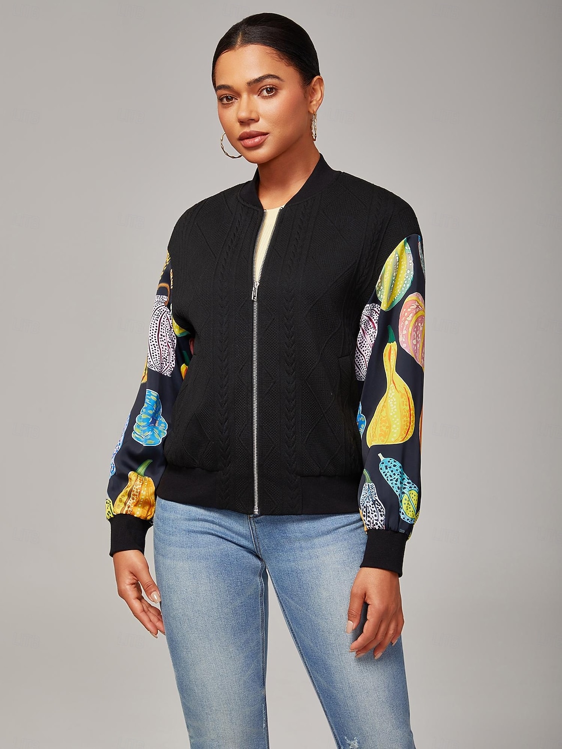 Damen Bomberjacke Casual Street Patchwork Kürbis Print Mikro - elastischer Strukturstoff Schwarz Polyester Elasthan 2025 - $111.99 –P1