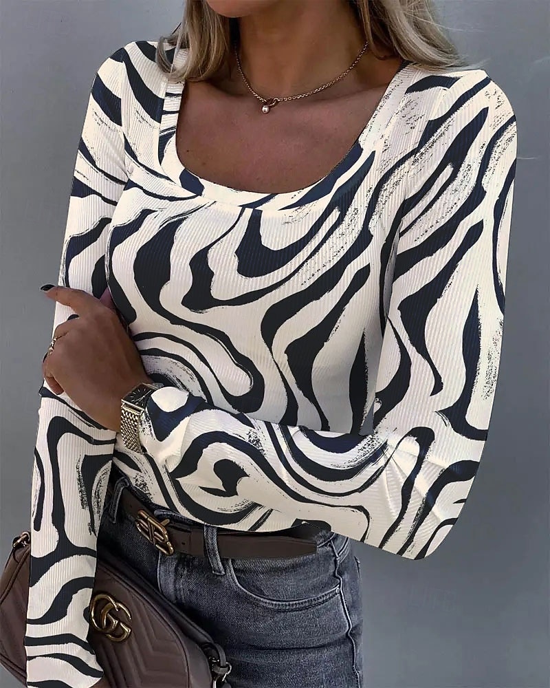Tricou de femei cu mânecă lungă cu guler pătrat grafic texturat casual tunică abstract zebra vintage stilat regulat tops zilnice imprimeu albastru mov verde khaki primăvară toamnă 2026 - $26.99 –P1