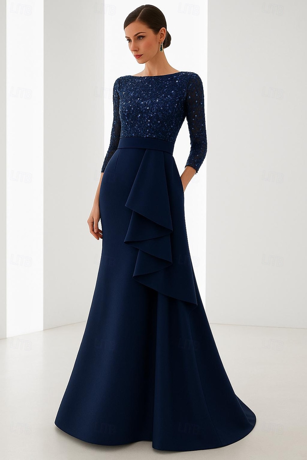 blau-schwarzes Meerjungfrau-Abendkleid, elegantes Kleid, formelle Hochzeit, bodenlang, lange Ärmel, U-Boot-Ausschnitt, Champagner, Satinkleid für die Brautmutter mit Glitzerrüschen 2025 2025 - $137.99 –P1