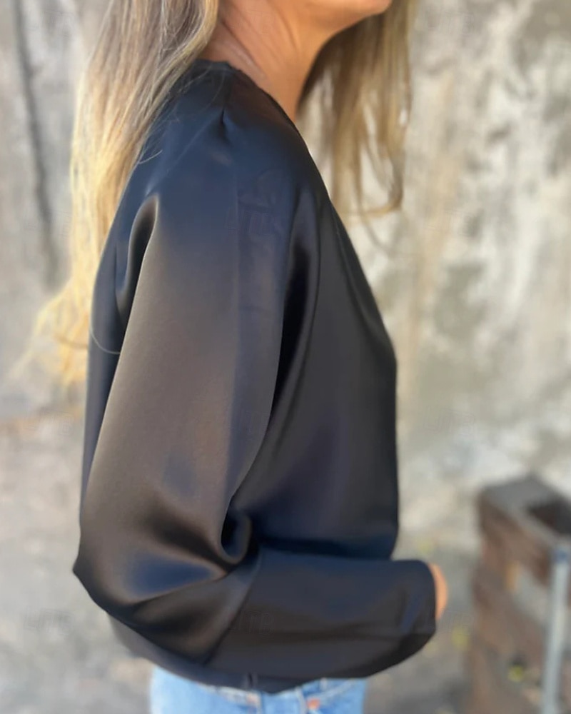 Damen Hemd Bluse Einfach Modern Lässig Langarm V Ausschnitt Normale Oberteile Täglich Ausgehen Schwarz Champagner Braun Aprikose Grau Herbst 2025 - $21.99 –P7