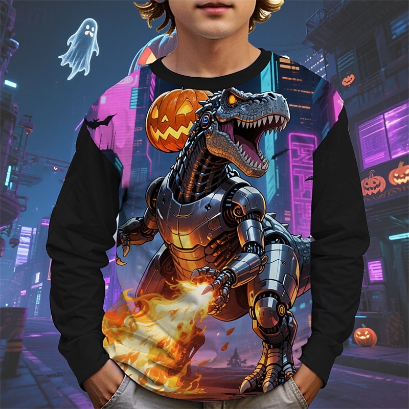 Halloween Pojkar 3D Tecknat Pumpa Dinosaurie T-shirt Långärmad Vår Höst Mode Grundläggande Barn 4-12 år Rund hals Utomhus Ledigt Dagligen Normal 2025 - $13.99 –P1