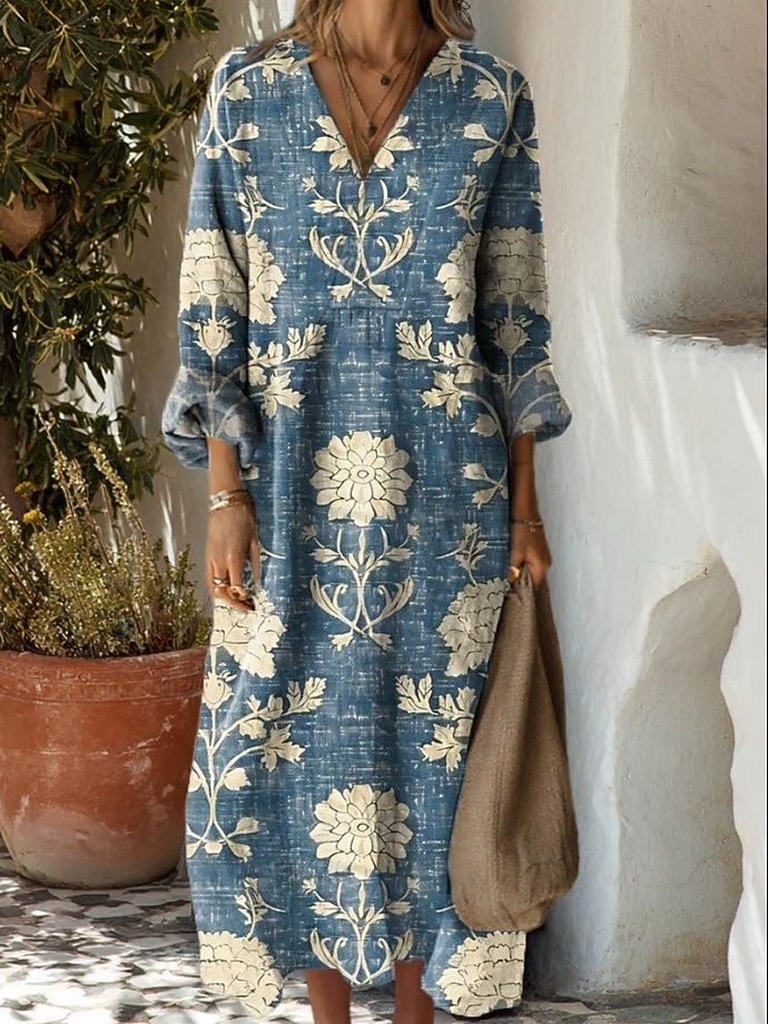 Women's Midi Dress Sundress A Line Dress Vacation Casual Boho Beach Party Holiday Loose Fit Floral Graphic Geometric Long Sleeve V Neck Blue Black Orange Green Summer Spring Fall 2026 - $37.99 –P2