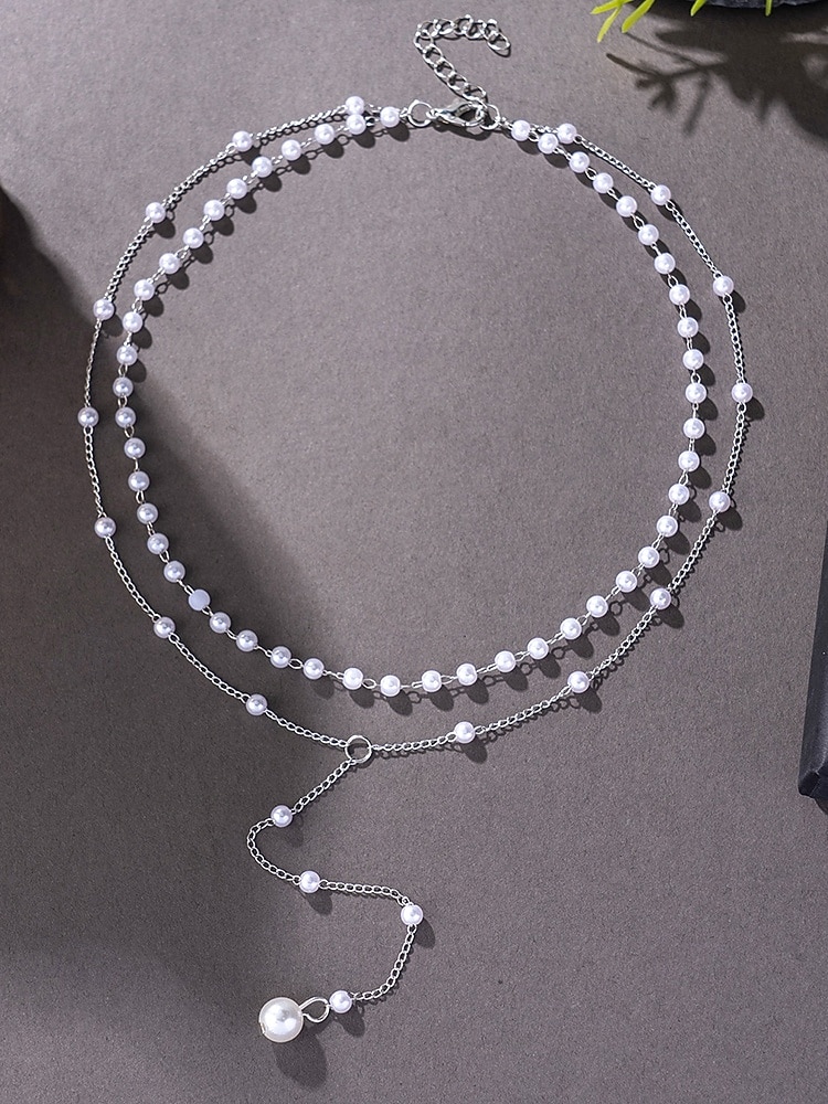 Collar con colgante de perlas en capas para mujer: elegante cadena de aleación en tono dorado con detalles de perlas de imitación para eventos formales, bodas y fiestas nocturnas. 2026 - $11.99 –P8