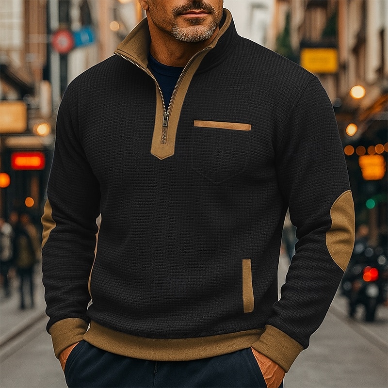 Hombre Sudadera Sudadera con estampado de gofres Sudadera Con Capucha Sudadera con un cuarto de cremallera Negro Azul Marino Cuello Mao Plano Retazos Bloque de Color Deporte Casual Diario Activo 2025 - $32.99 –P2
