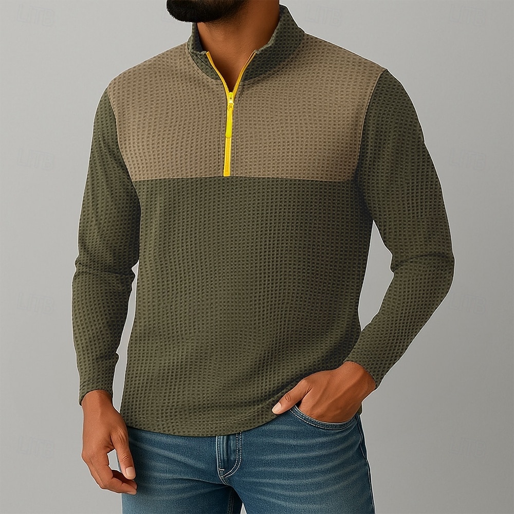 Herren Waffelhemd T Shirt Halb-Zip-Shirt T-Shirt Langarm Viertelreißverschluss Herbst Frühling & Herbst Farbblock Texture Mode Designer Basic Patchwork Farbblock Urlaub Straße Lässig Schwarz Koffee 2025 - $17.99 –P1