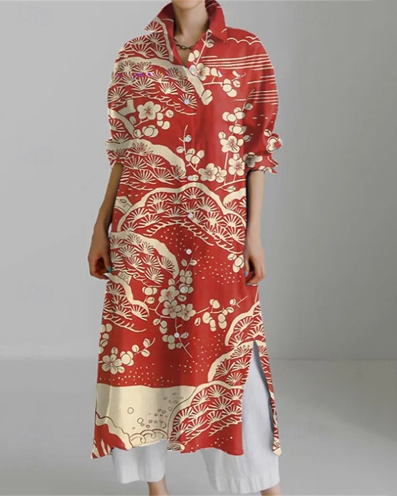 Damen Langes Kleid Maxikleid Hemdblusenkleid Freizeitkleid Druckkleid Mode Modern Täglich Wochenende Normale Passform Grafik Langarm Hemdkragen Schwarz Rosa Rote Blau Frühling Herbst 2025 - $25.99 –P4