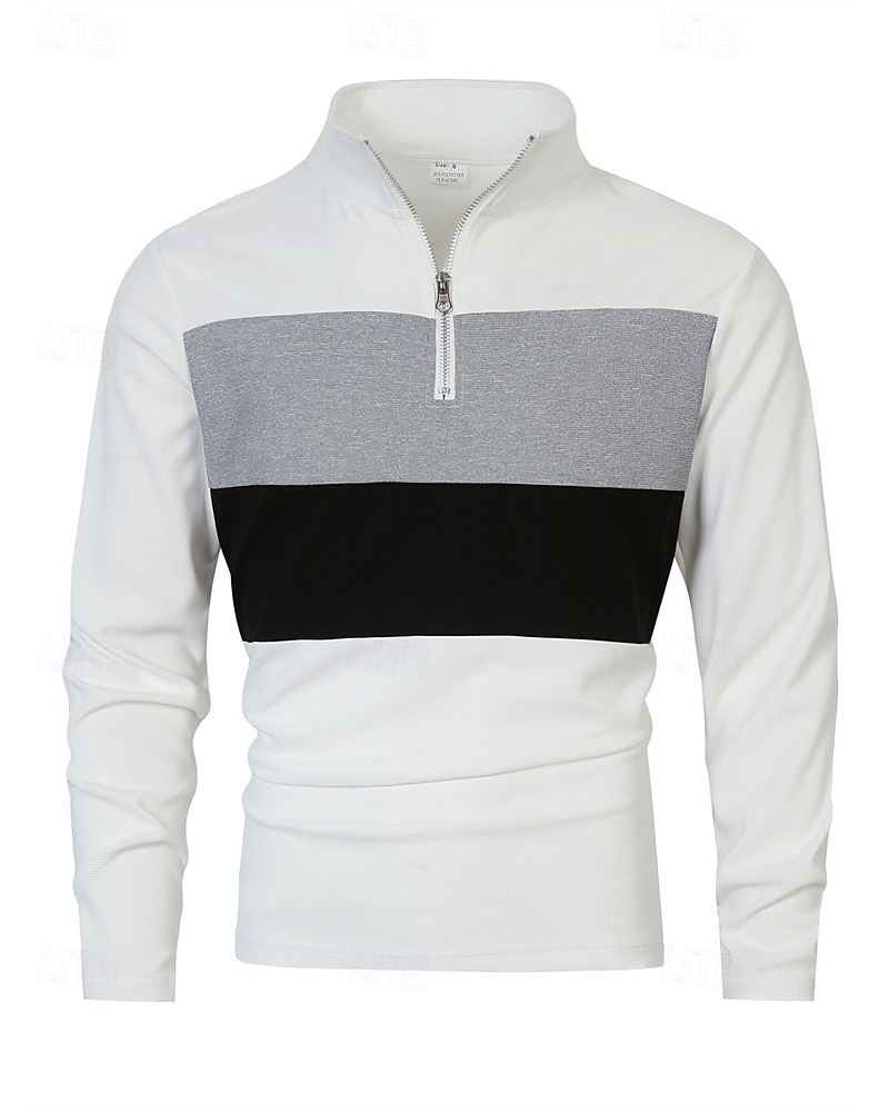 Herren Poloshirts Viertel-Reißverschluss-Poloshirt Alltagskleidung Date Viertelreißverschluss Langarm Mode Basic Farbblock Patchwork Reißverschluss Frühling Herbst Normale Passform Schwarz Wei 2025 - $18.99 –P11