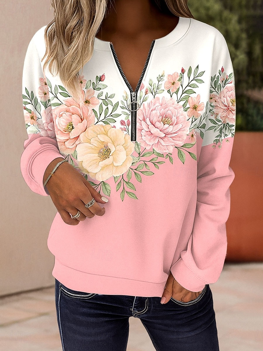 Damen Pullover Sweatshirt Sweatshirts mit Reißverschluss Reißverschluss Druck Blumen Grafik Mode Lässig Langarm Rundhalsausschnitt Normale Oberteile Straße Alltagskleidung Blau Rosa Purpur Grün 2026 - $27.99 –P1