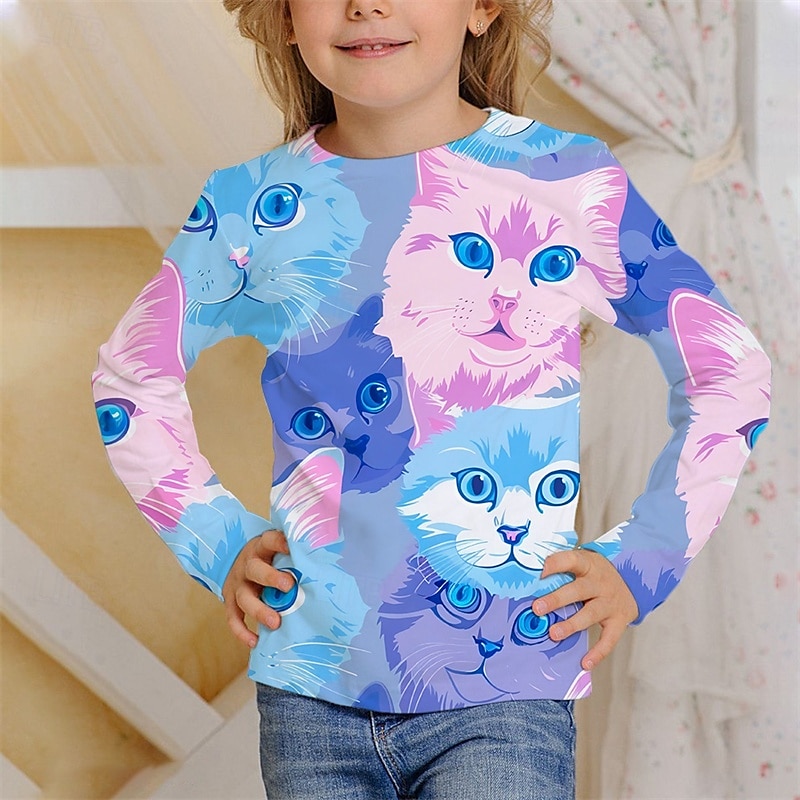 Flickor 3D Djur Katt T-shirt Långärmad Vår Höst Mode Grundläggande Barn 4-12 år Rund hals Utomhus Ledigt Dagligen Normal 2025 - $13.99 –P2