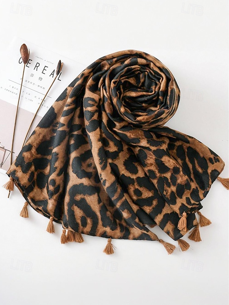Bufanda con borlas y estampado de leopardo para mujer: chal extragrande, suave y ligero con flecos, estilo bohemio chic para otoño/invierno, atuendos casuales, oficina, viajes y regalos. 2025 - $14.99 –P4